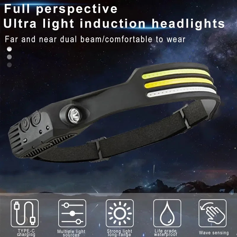 USB Rechargeable Head Torch Induction Headlamp COB LED Sensor Head Lamp Built-in Battery Flashlight 5 Lighting Modes Headlight