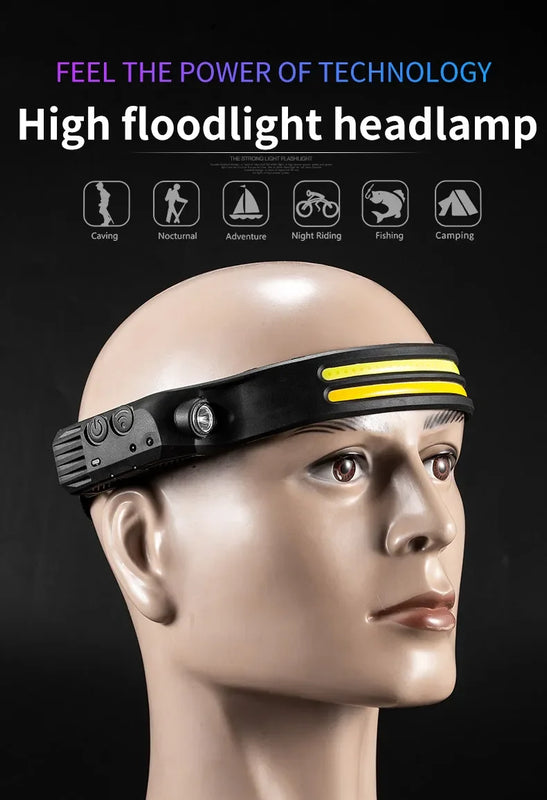 USB Rechargeable Head Torch Induction Headlamp COB LED Sensor Head Lamp Built-in Battery Flashlight 5 Lighting Modes Headlight